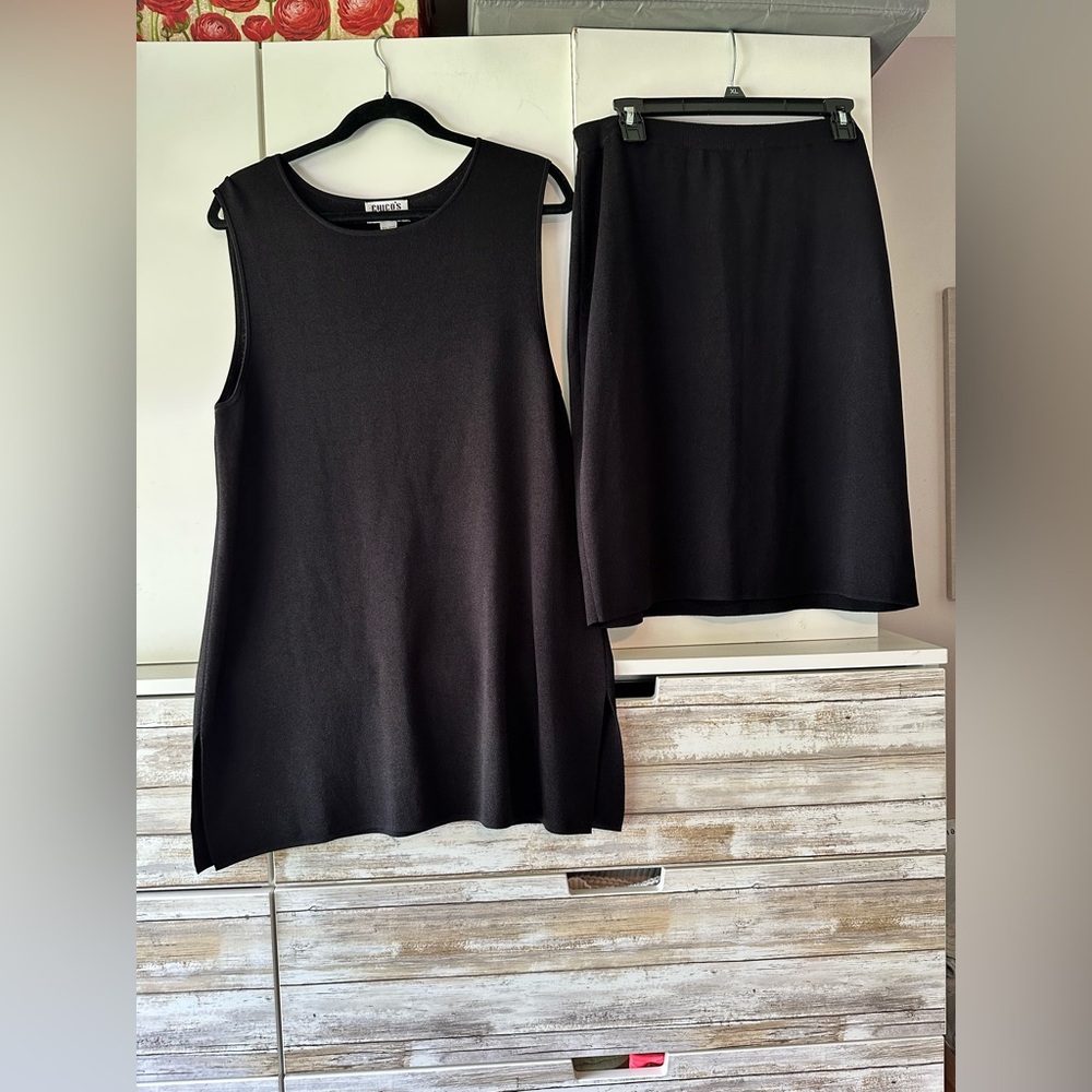 🖤 Chico’s Design Black 2 Piece Tunic Top & Skirt Set Size 2 US 12/14